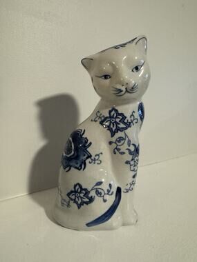 Vintage Cat Figurine Ceramic Blue and White Cottagecore Formalities by Baum Bros